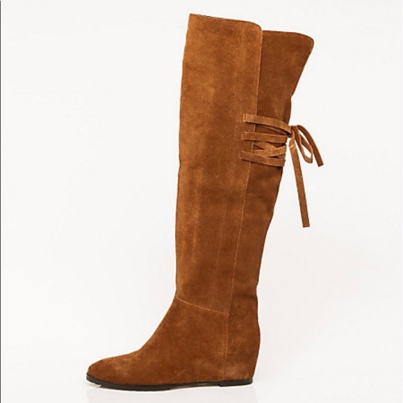 Suede Wedges Over The Knee Boots Size 8 - Picture 1 of 6